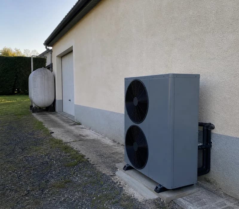 Maison avec une pompe à chaleur air/eau monobloc posée au sol près du garage et d'une ancienne cuve à fioul