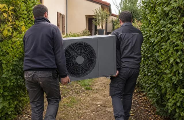 Deux installateurs vus de dos portant une pompe à chaleur air/eau monobloc