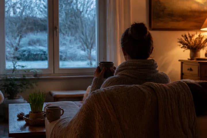 Intérieur de maison chauffée en hiver : personne de dos, tasse chaude, lumière douce
